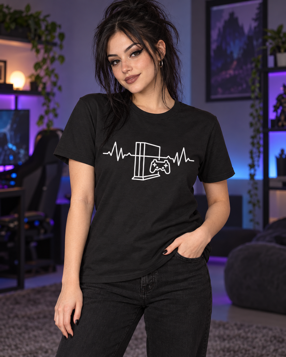 Young woman wearing a black gaming heartbeat T-shirt and black jeans in a gaming room