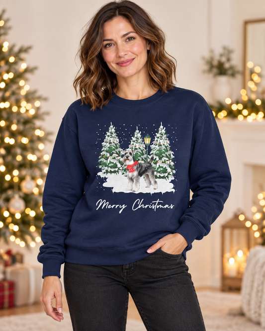 Woman wearing a navy Schnauzer Christmas sweatshirt with a snowy tree scene and Merry Christmas lettering, styled with black jeans beside warm fairy lights.