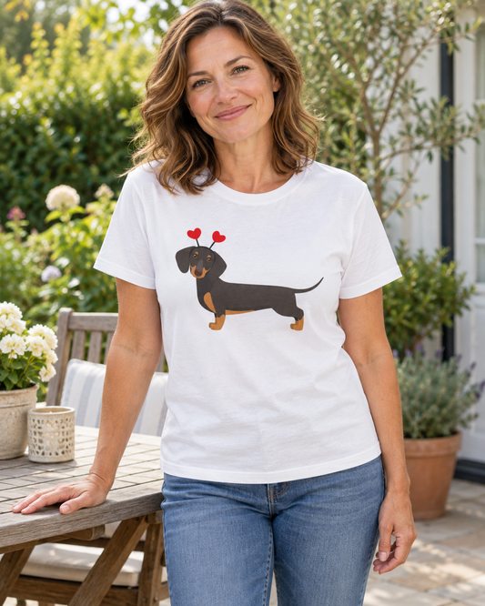 A woman wearing a white short-sleeve t-shirt with a graphic of a black and tan dachshund wearing red heart headband paired with blue jeans, standing in a garden patio setting.