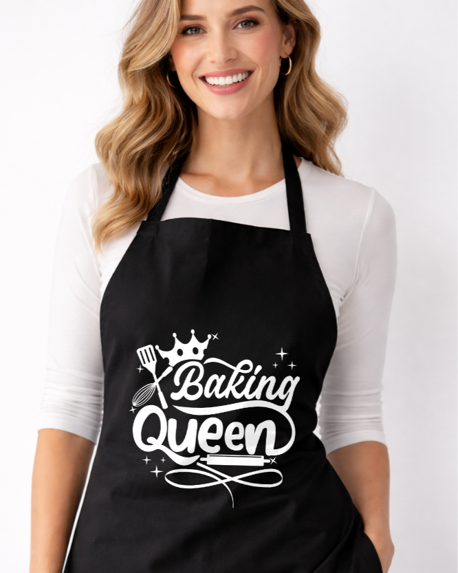 Woman wearing Baking Queen black apron funny baking apron gift for bakers