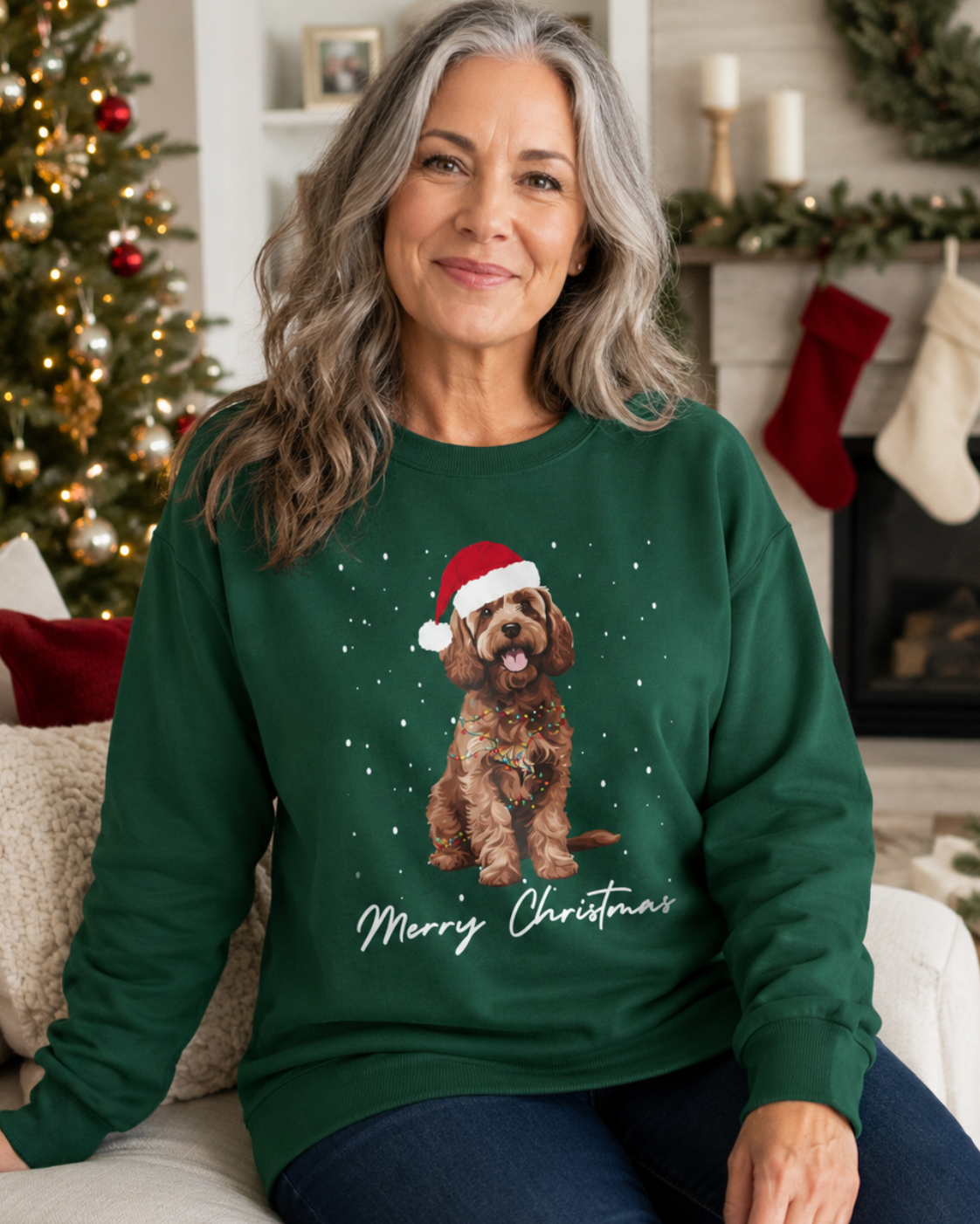 A woman wearing a dark green Christmas sweatshirt featuring a brown Cockapoo in a Santa hat surrounded by falling snow, with “Merry Christmas” script, seated on a sofa in a bright, festively decorated living room.