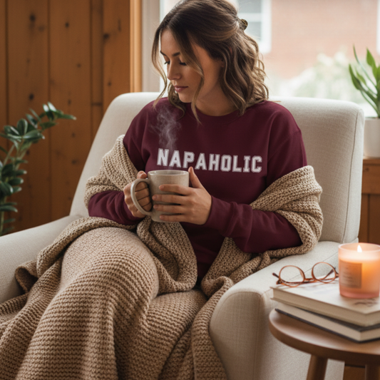 Woman in a burgundy sweatshirt with 'Napaholic' text, holding a mug, wrapped in a blanket in a cozy room.
