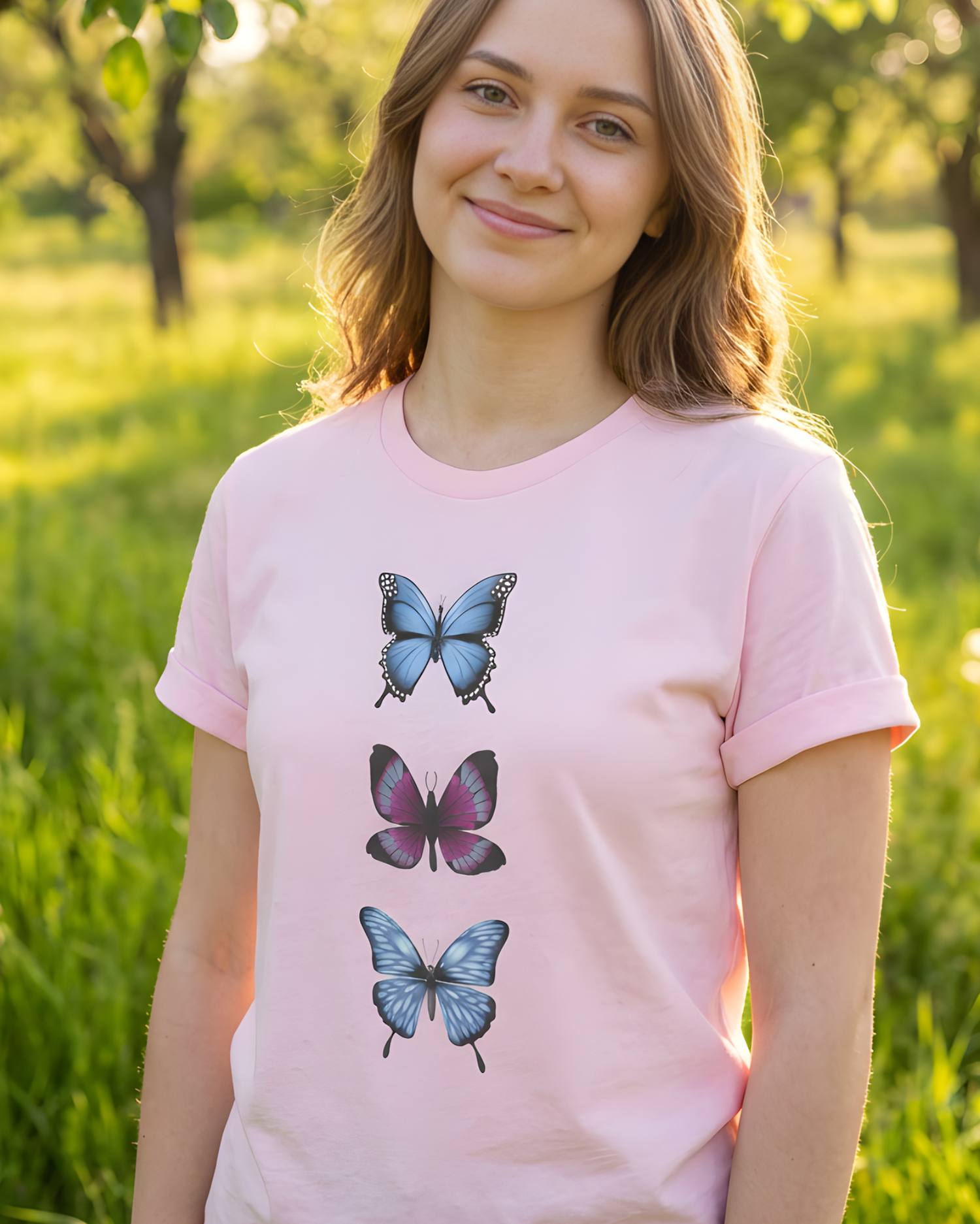 Woman wearing a soft pink t-shirt with three colourful butterflies in a vertical design, standing outdoors in a green, sunlit field.