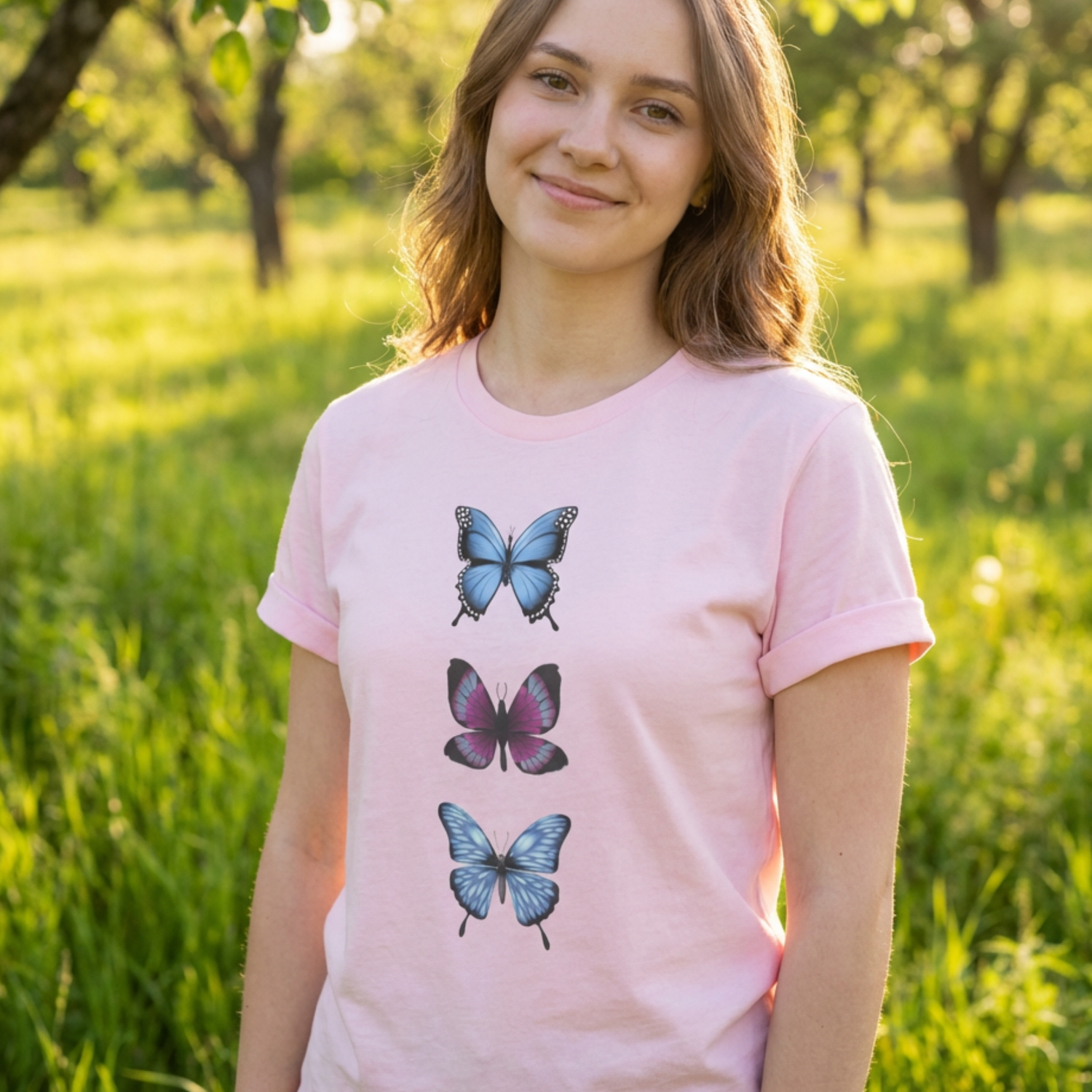 Woman wearing a soft pink t-shirt with three colourful butterflies in a vertical design, standing outdoors in a green, sunlit field.