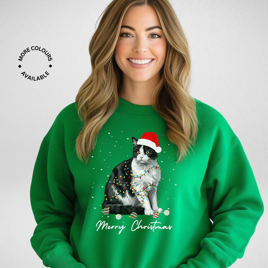 Festive Black & White Cat Adults Christmas Sweatshirt