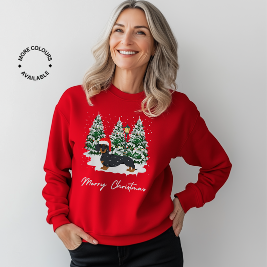 Smiling woman wearing a red Christmas sweatshirt featuring a festive dachshund in a Santa hat, standing in front of snowy Christmas trees with a lamp post.