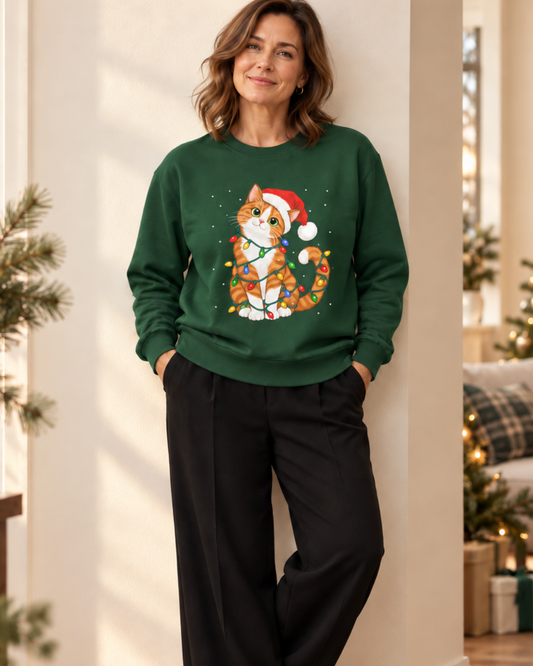 Adults Ginger Cat Christmas Jumper – Santa Hat & Fairy Lights