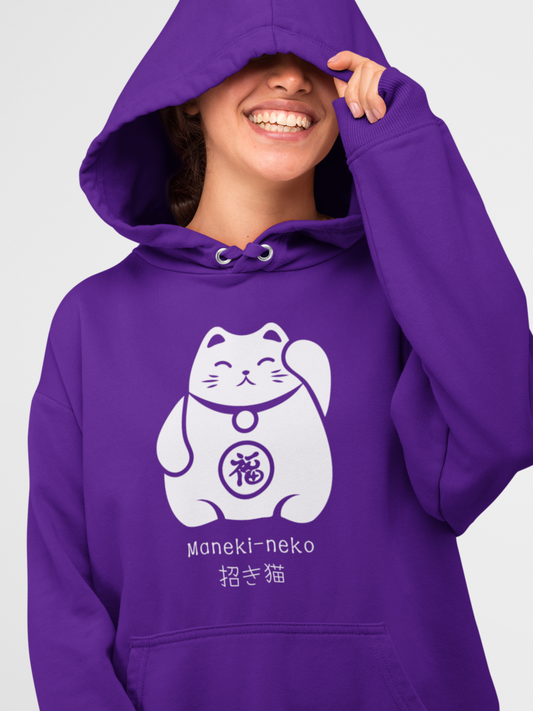 Woman wearing a purple Maneki-neko Japanese Lucky Cat hoodie, smiling with the hood up and a white lucky cat graphic on the front.