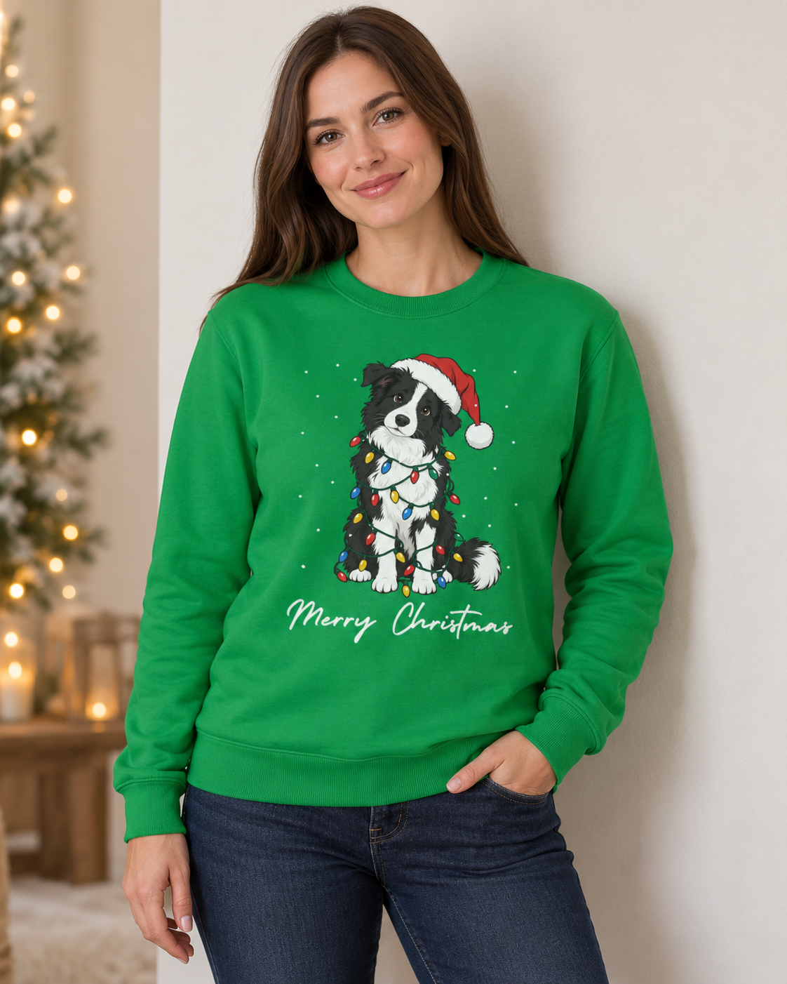 A woman wearing a bright green crewneck sweatshirt with a festive graphic of a black and white border collie dog wearing a red Santa hat and holiday lights, with 'Merry Christmas' written below. She is posing in front of a softly blurred Christmas tree and indoor wall background.