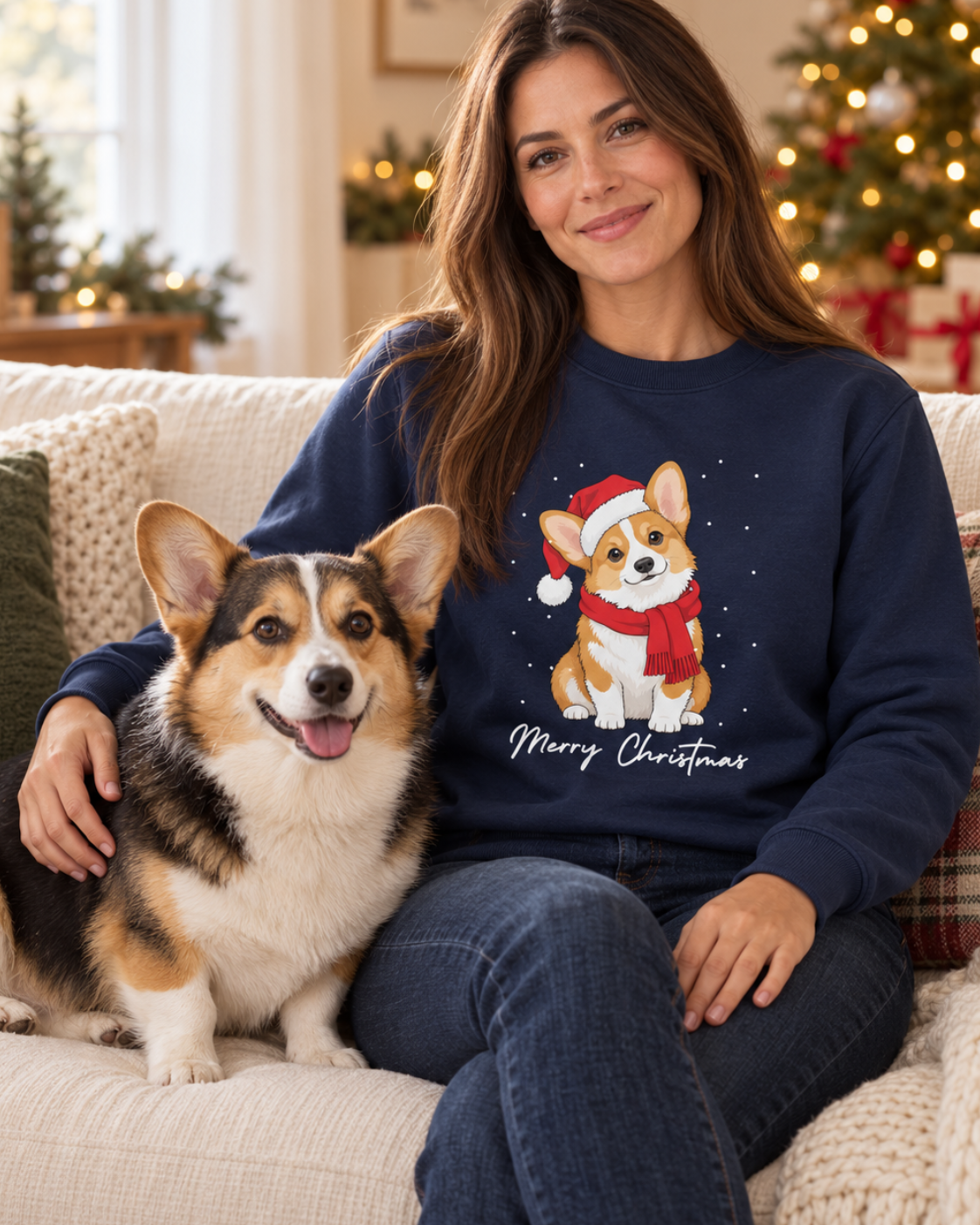 A woman sitting on a beige couch with her Corgi dog, wearing a navy blue Christmas sweatshirt with a corgi graphic and 'Merry Christmas' text. The background shows a cozy living room with a decorated Christmas tree.