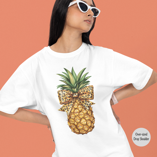 Women's Pineapple and Leopard Print Bow Oversized T-Shirt