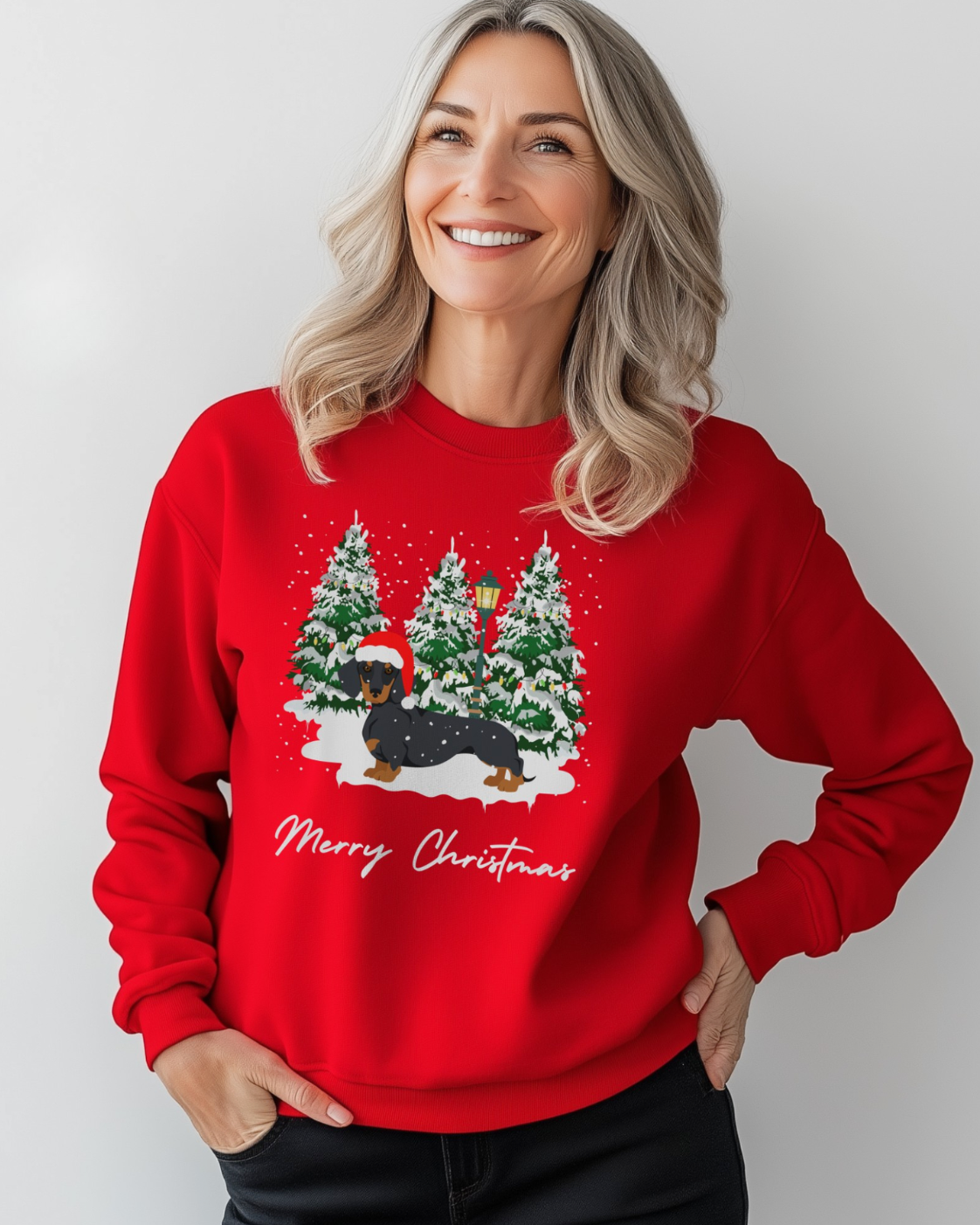 A smiling woman with blonde hair wears a bright red crewneck sweatshirt featuring a Christmas dachshund graphic with pine trees and the text 'Merry Christmas' in white script. She is posing against a light grey background.