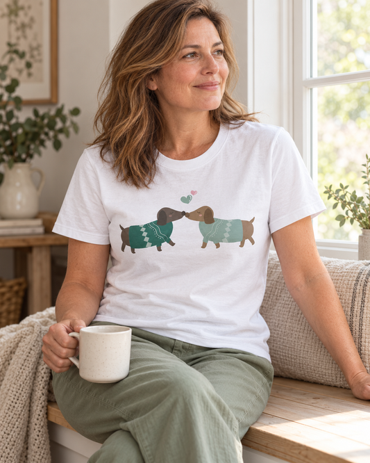 Woman sitting on a wooden window seat with a mug, wearing a white T-shirt featuring two dachshunds touching noses in teal and sage jumpers.