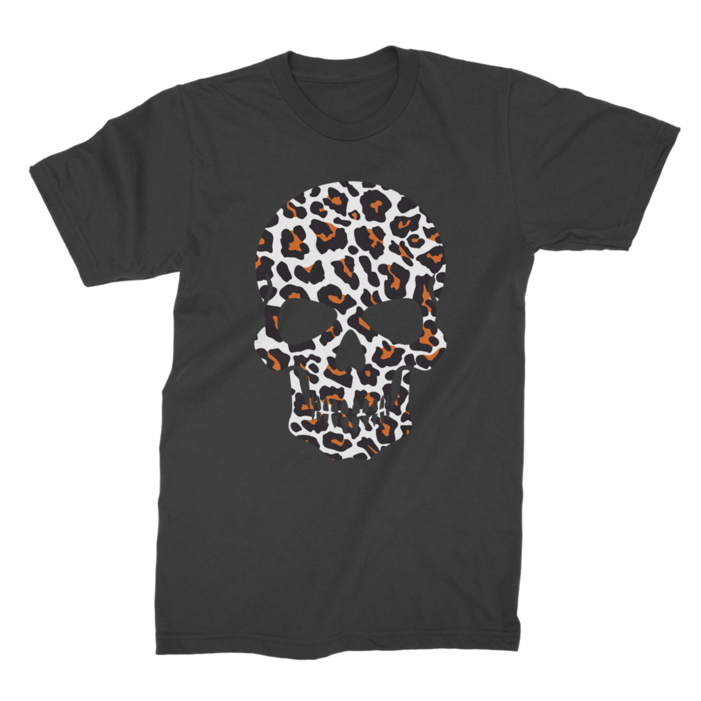 Ladies black Halloween T-shirt with a white, black and orange leopard-print skull design.