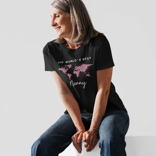 Model wearing personalised ‘World’s Best Nanny’ black t-shirt showing full design