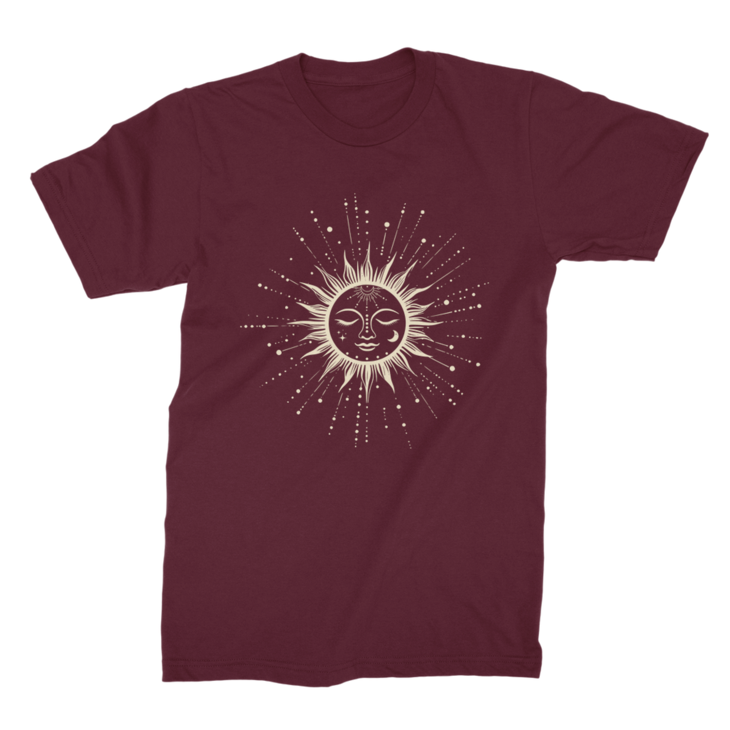 Burgundy women’s T-shirt featuring a cream celestial sun face, stars and radiating rays