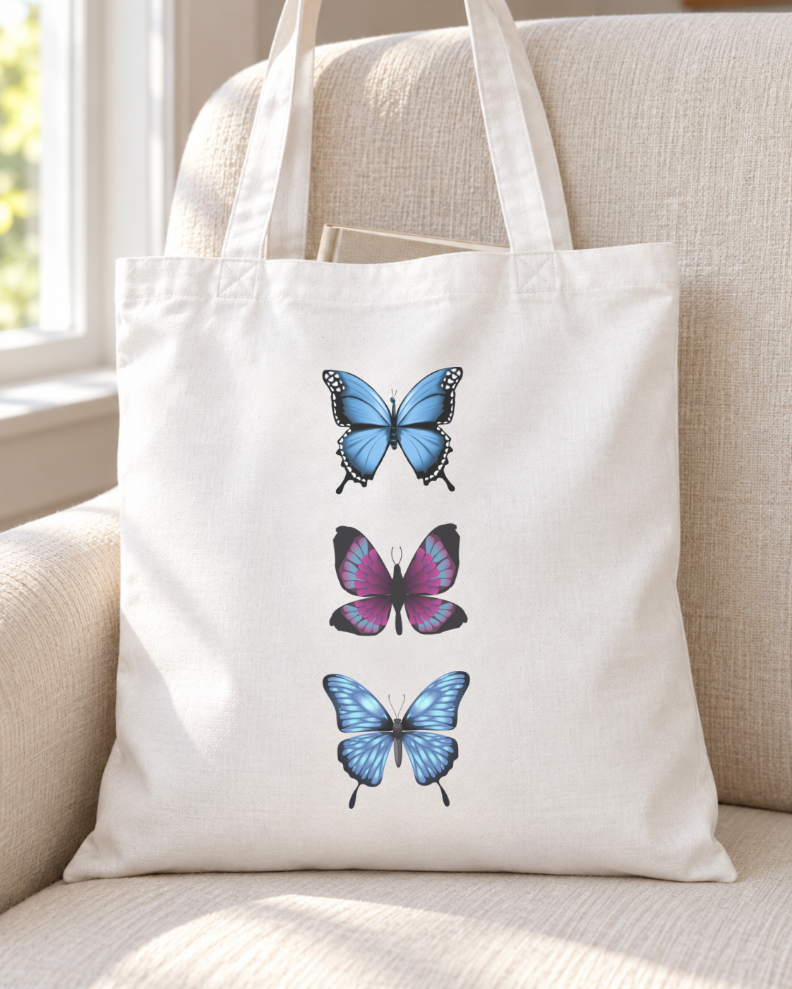 Butterfly trio cotton tote resting on a cream upholstered chair beside a sunlit window, with a book peeking out of the top.