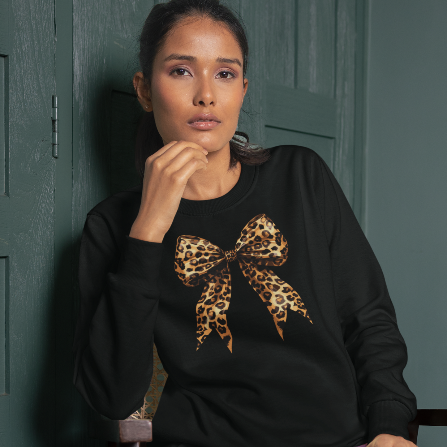 Coquette Leopard Print Big Bow Sweatshirt