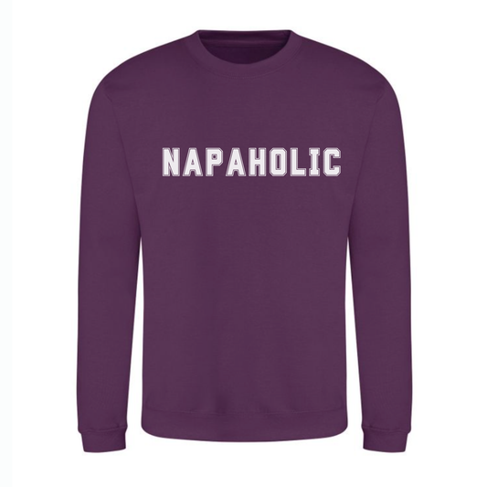 Plum purple Napaholic sweatshirt with white varsity text, front view