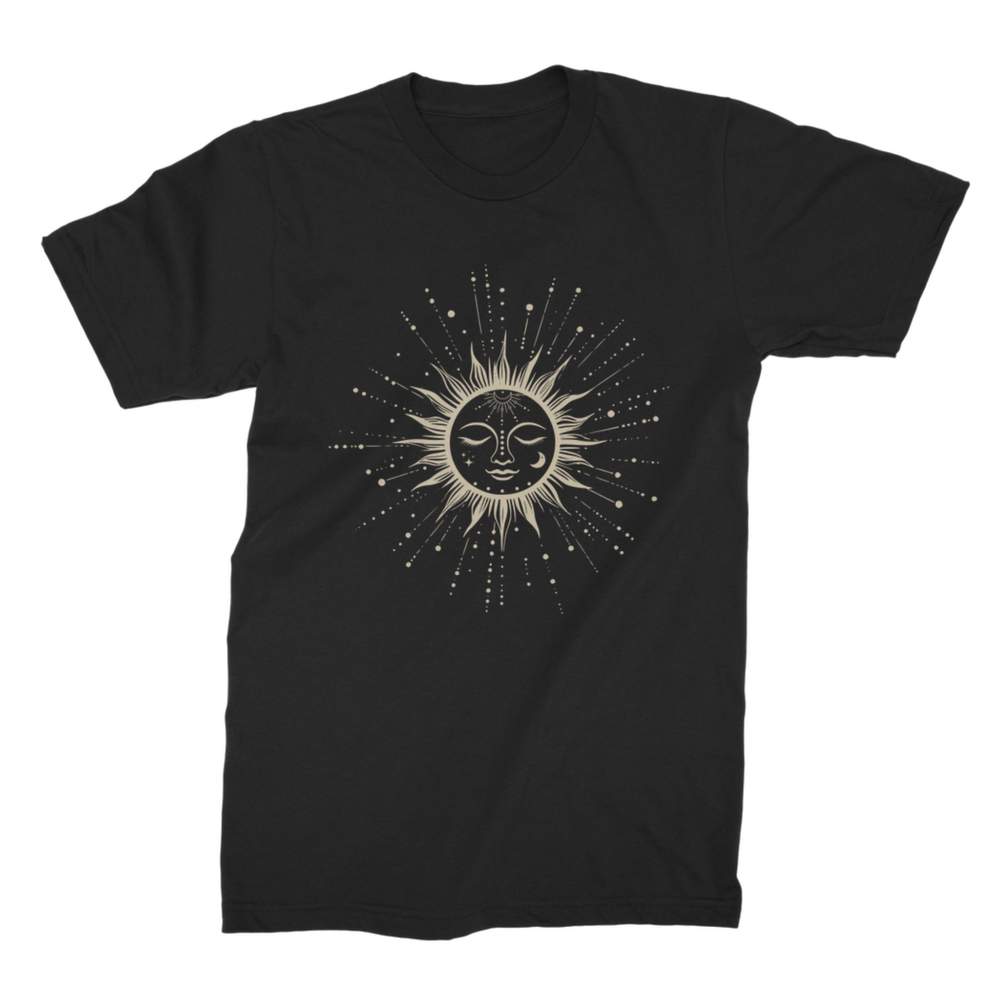 Ladies black T-shirt featuring a  celestial sun face, stars and radiating rays