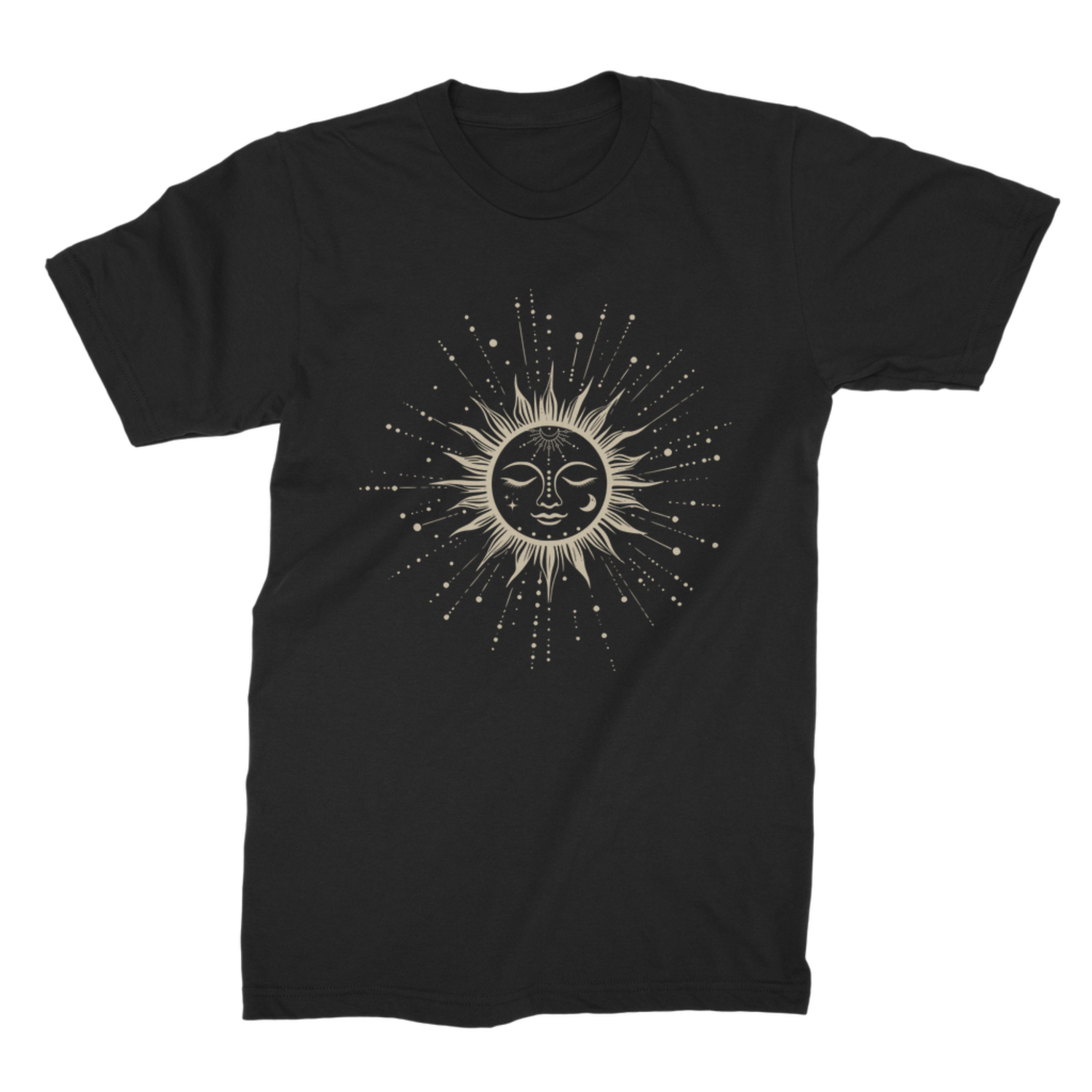 Ladies black T-shirt featuring a  celestial sun face, stars and radiating rays