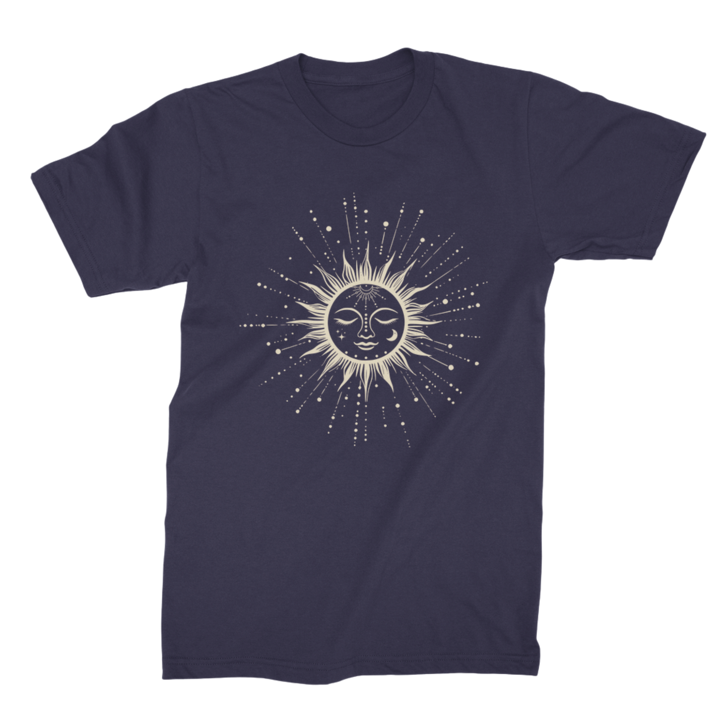 Navy women’s T-shirt featuring a cream celestial sun face, stars and radiating rays design.