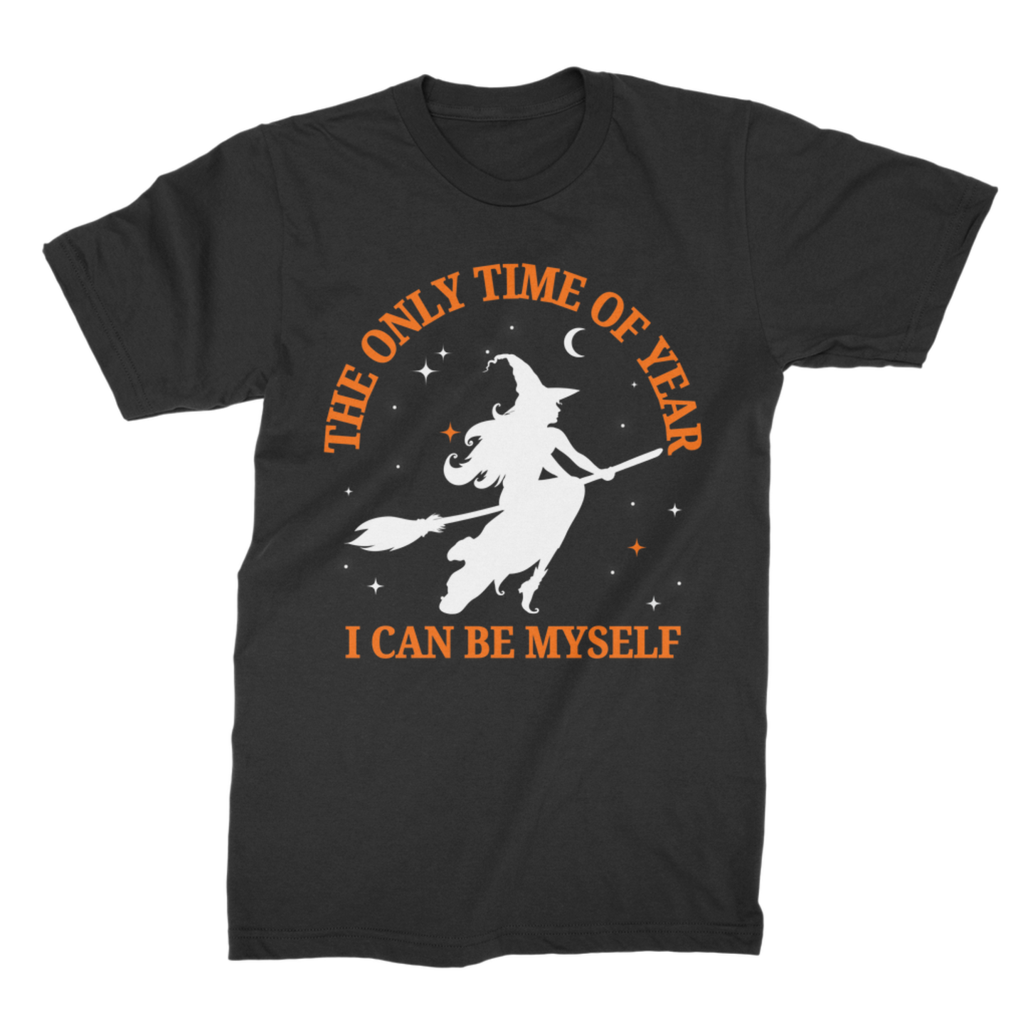 Black Halloween T-shirt with a white flying witch and orange “The Only Time of Year” slogan