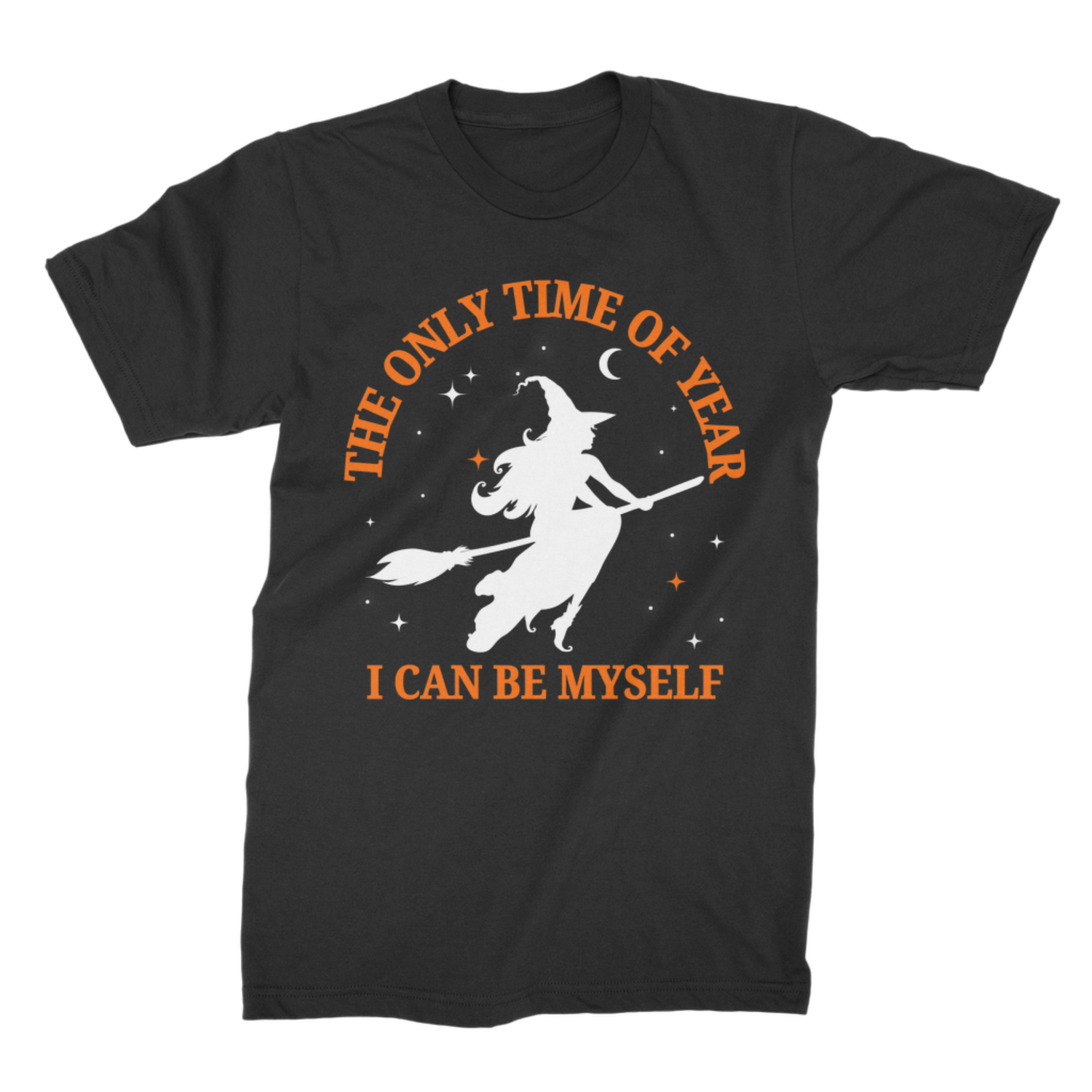 Black Halloween T-shirt with a white flying witch and orange “The Only Time of Year” slogan