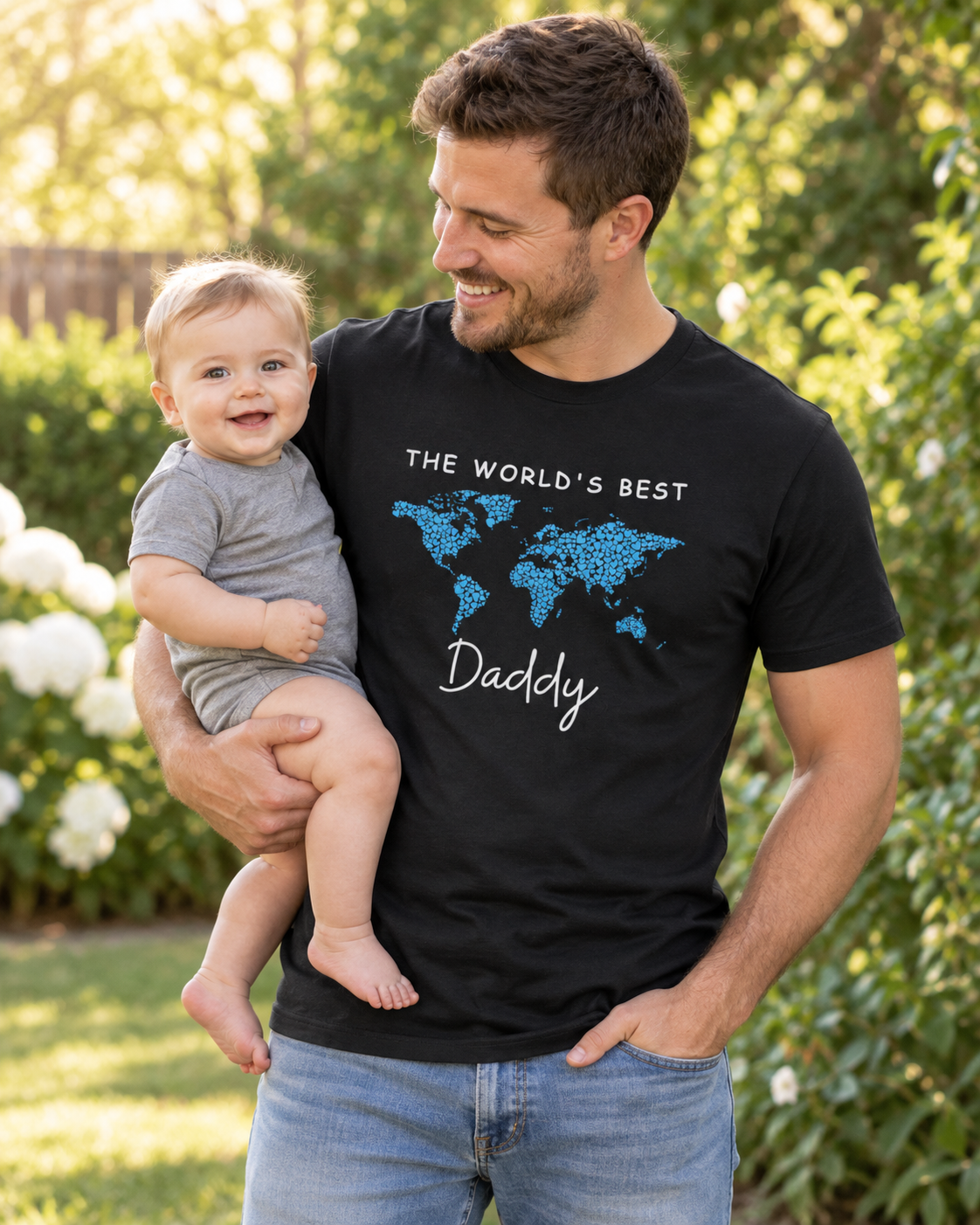 Dad holding a smiling baby outdoors while wearing a black “The World’s Best Daddy” T-shirt with a blue world map design.
