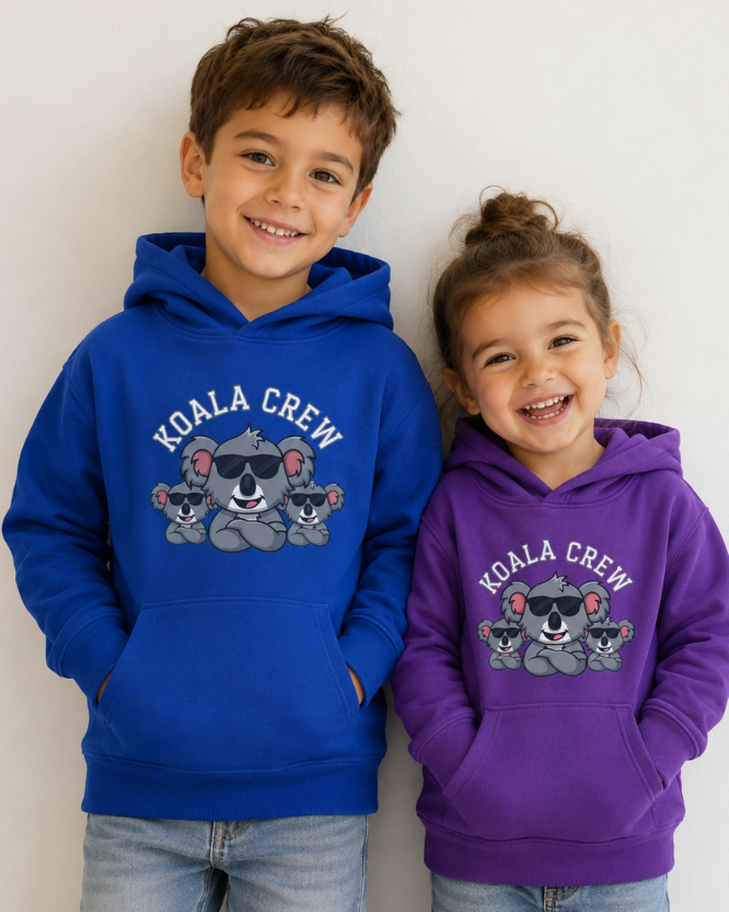 Children modelling Koala Crew kids hoodies with koala sunglasses graphic in royal blue and purple