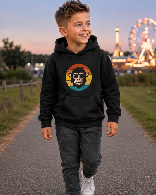 Boy wearing a black kids monkey hoodie with retro chimp graphic walking along a path near a funfair at twilight