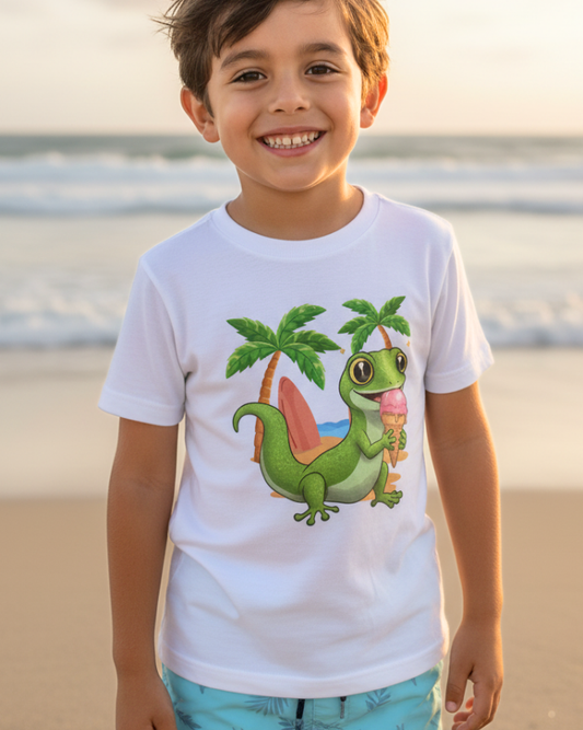 Young boy wearing gecko ice cream beach t-shirt, kids summer holiday outfit with cute reptile design