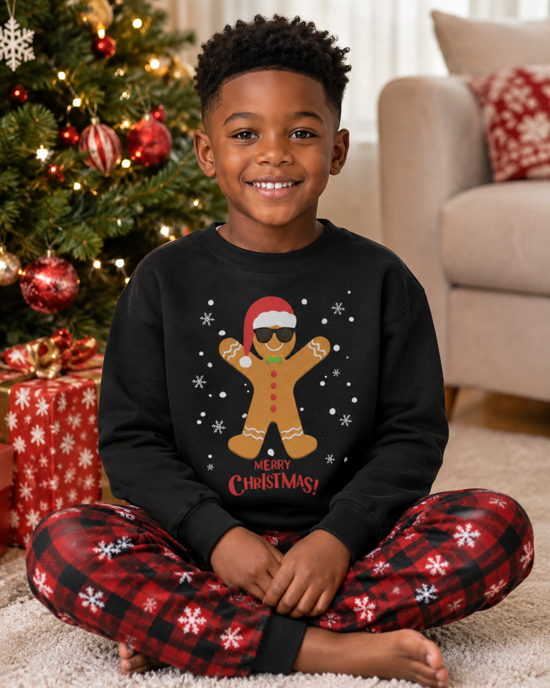 6-year-old boy wearing a black Christmas jumper featuring a gingerbread man with cool black sunglasses, Santa hat and snowflakes with festive pyjama bottoms, sitting cross-legged beside a decorated Christmas tree.