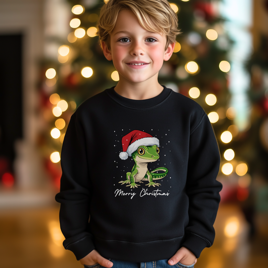 Young boy wearing a black sweatshirt with a Christmas-themed design of a green Gecko wearing a Santa hat.