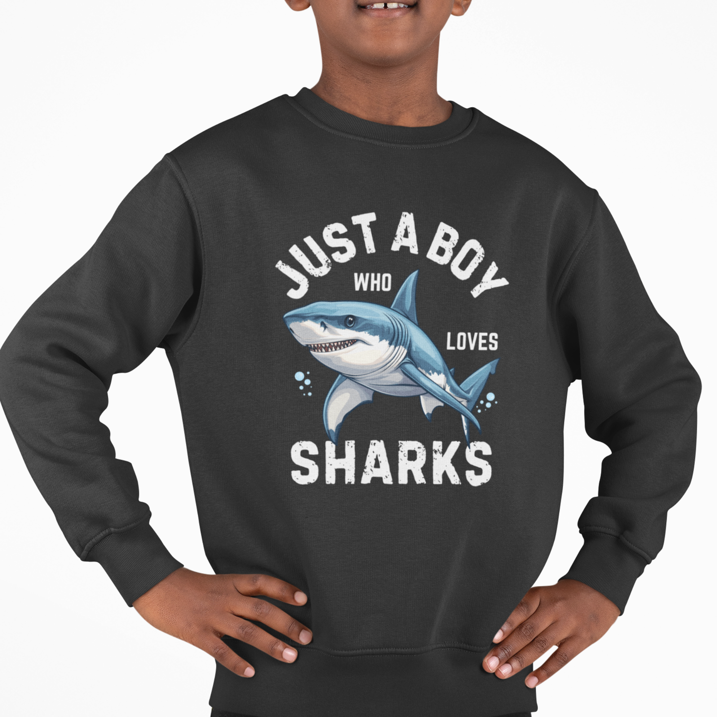 Boy modelling a black sweatshirt with a great white shark graphic and 'Just a Boy Who Loves Sharks' slogan"