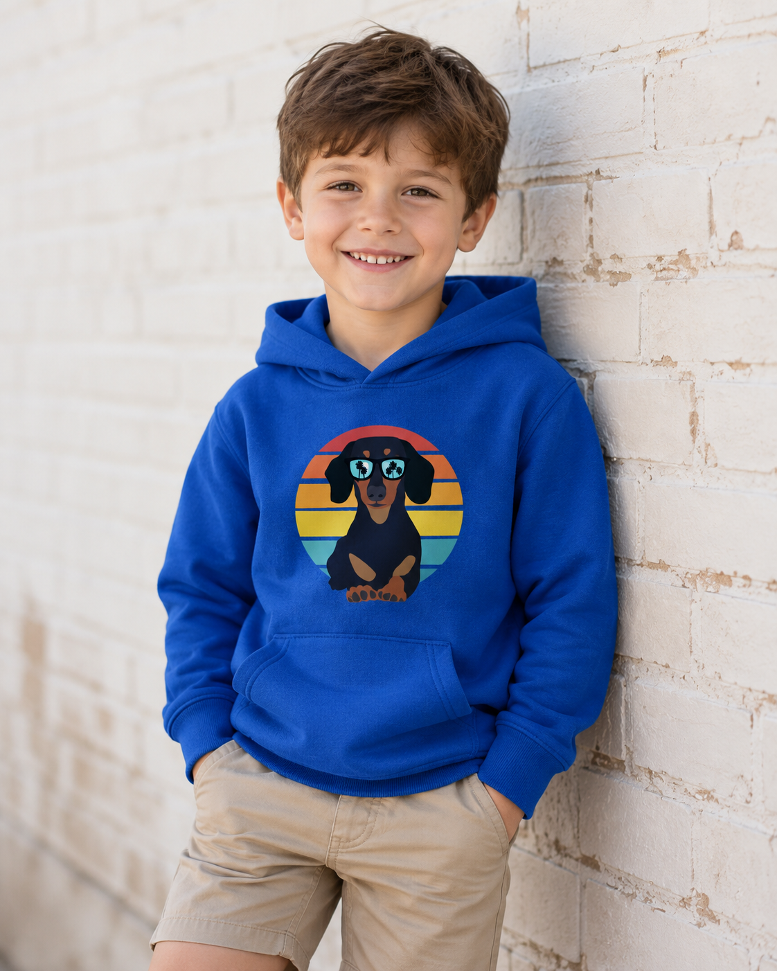 A young boy smiling and leaning against a white brick wall, wearing a bright blue hoodie with a graphic of a dachshund dog in front of a retro sunset circle.