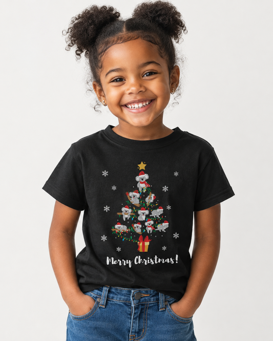 A young girl with dark curly hair in two buns wearing a black graphic t-shirt with a Christmas tree made of koalas with Santa hats, fairy lights, snowflakes and the text 'Merry Christmas!' underneath, paired with blue jeans, against a studio background.