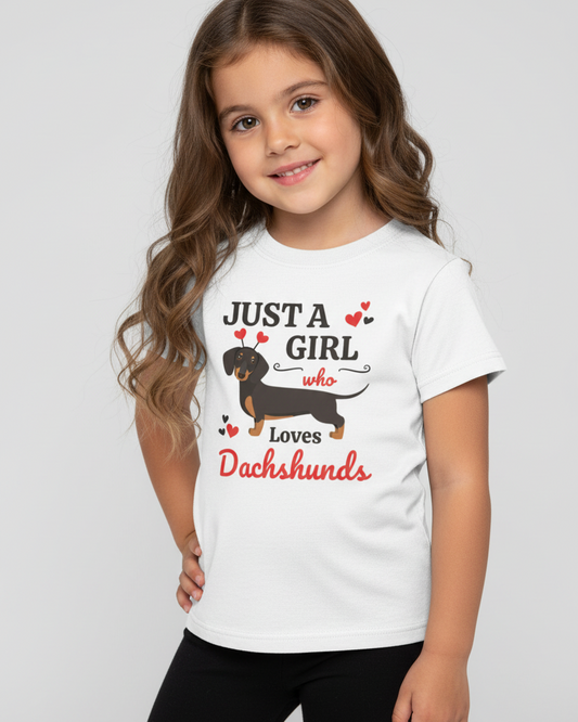 Girl wearing white Just A Girl Who Loves Dachshunds t shirt, cute dachshund graphic kids cotton tee, dog lover gift for girls