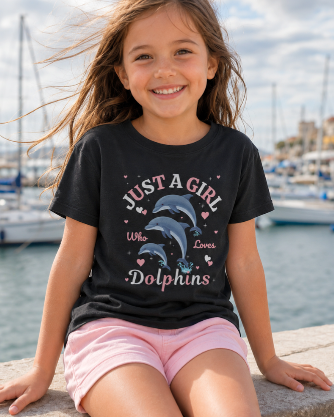 A young girl with long brown hair sitting outdoors by a marina, wearing a black graphic T-shirt that reads 'JUST A GIRL Who Loves Dolphins' with dolphins and pink hearts, paired with light pink shorts.