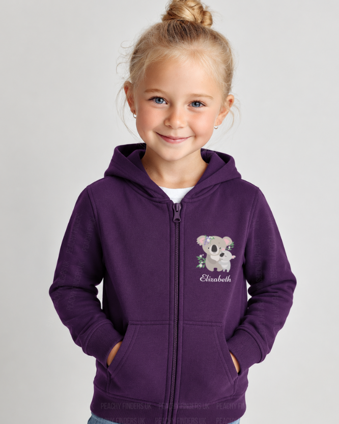 Personalised purple koala zip hoodie for girls, modelled in studio.