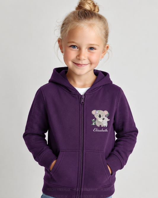 Personalised purple koala zip hoodie for girls, modelled in studio.