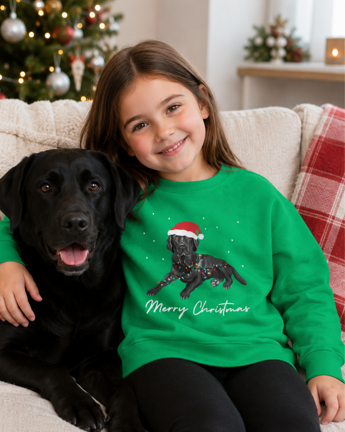 A young girl sitting on a beige couch with a black Labrador dog, wearing a bright green Christmas sweatshirt with a graphic of a Labrador wearing a Santa hat and the text 'Merry Christmas'.