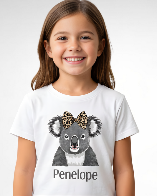 Girls Koala T-Shirt with Leopard Print Bow - Cute Koala Graphic Tee (3-13 Years)
