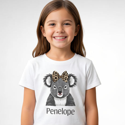 Girls Koala T-Shirt with Leopard Print Bow - Cute Koala Graphic Tee (3-13 Years)