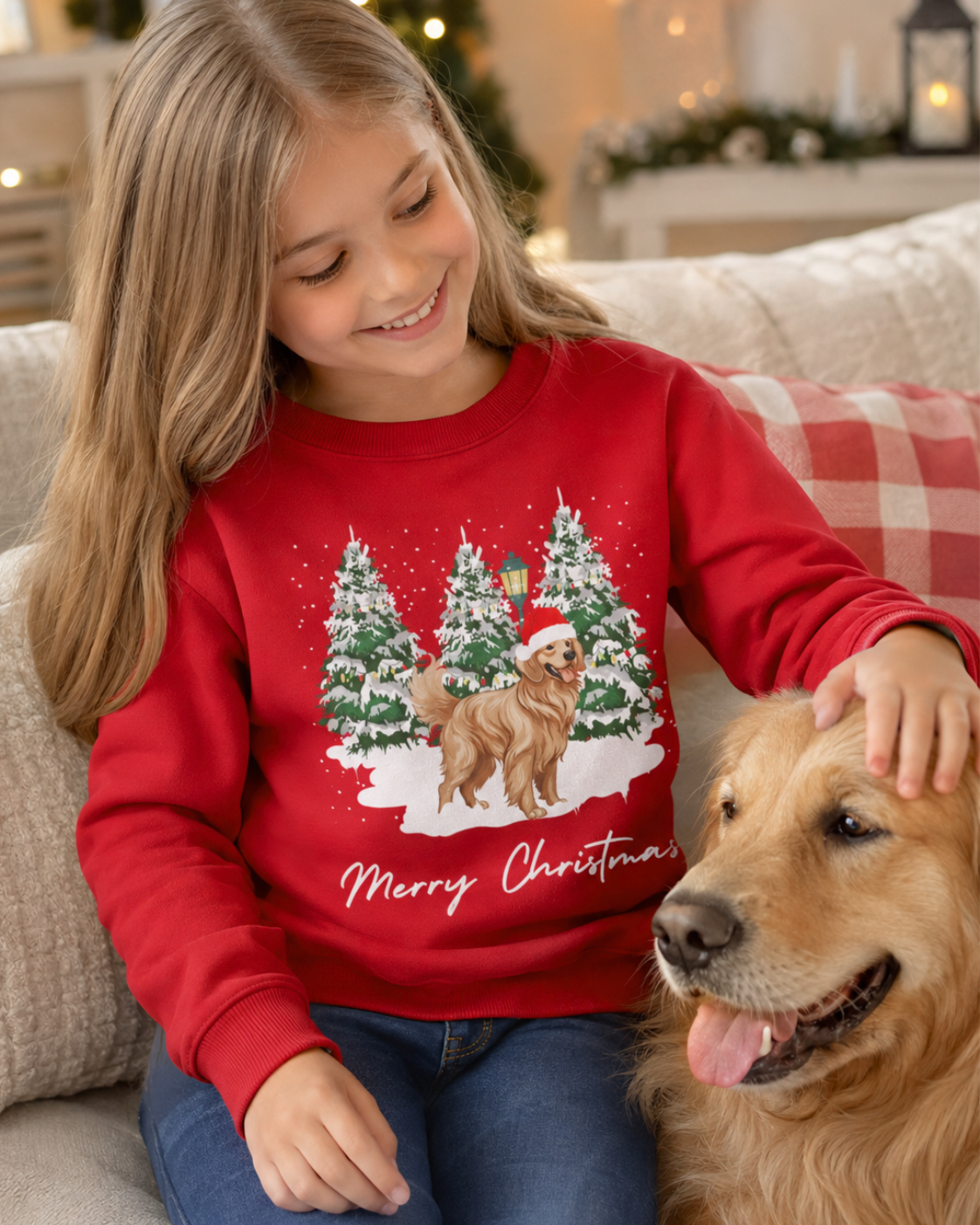 A young girl with blonde hair sits on a beige couch wearing a red Christmas sweatshirt with a golden retriever dog and snowy pine tree graphic, petting a golden retriever dog.