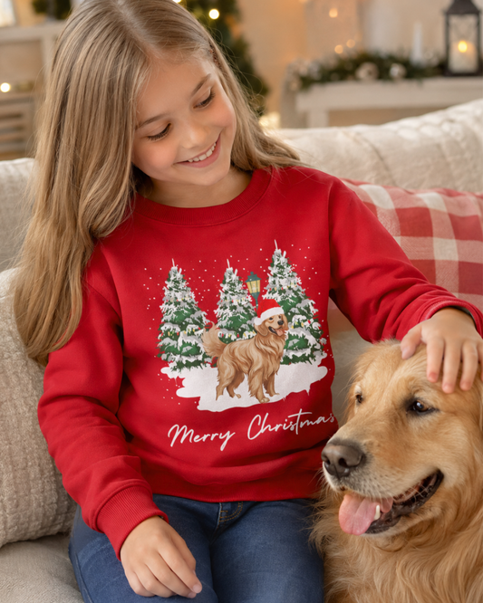 A young girl with blonde hair sits on a beige couch wearing a red Christmas sweatshirt with a golden retriever dog and snowy pine tree graphic, petting a golden retriever dog.