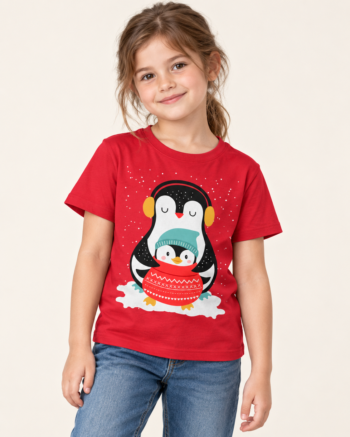 A young girl wears a red short-sleeve graphic t-shirt featuring a cartoon penguin wearing yellow earmuffs and a teal knit hat, sitting in a red sweater on a snowy ground. She is also wearing blue jeans in a studio setting.