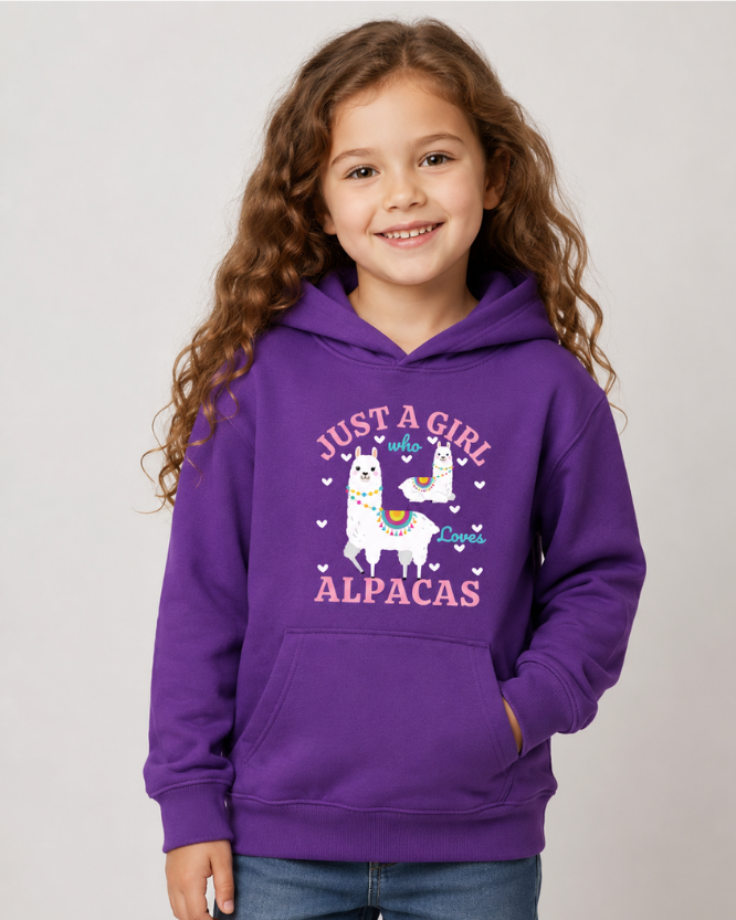 Girl wearing purple Just A Girl Who Loves Alpacas hoodie with denim jeans - studio setting