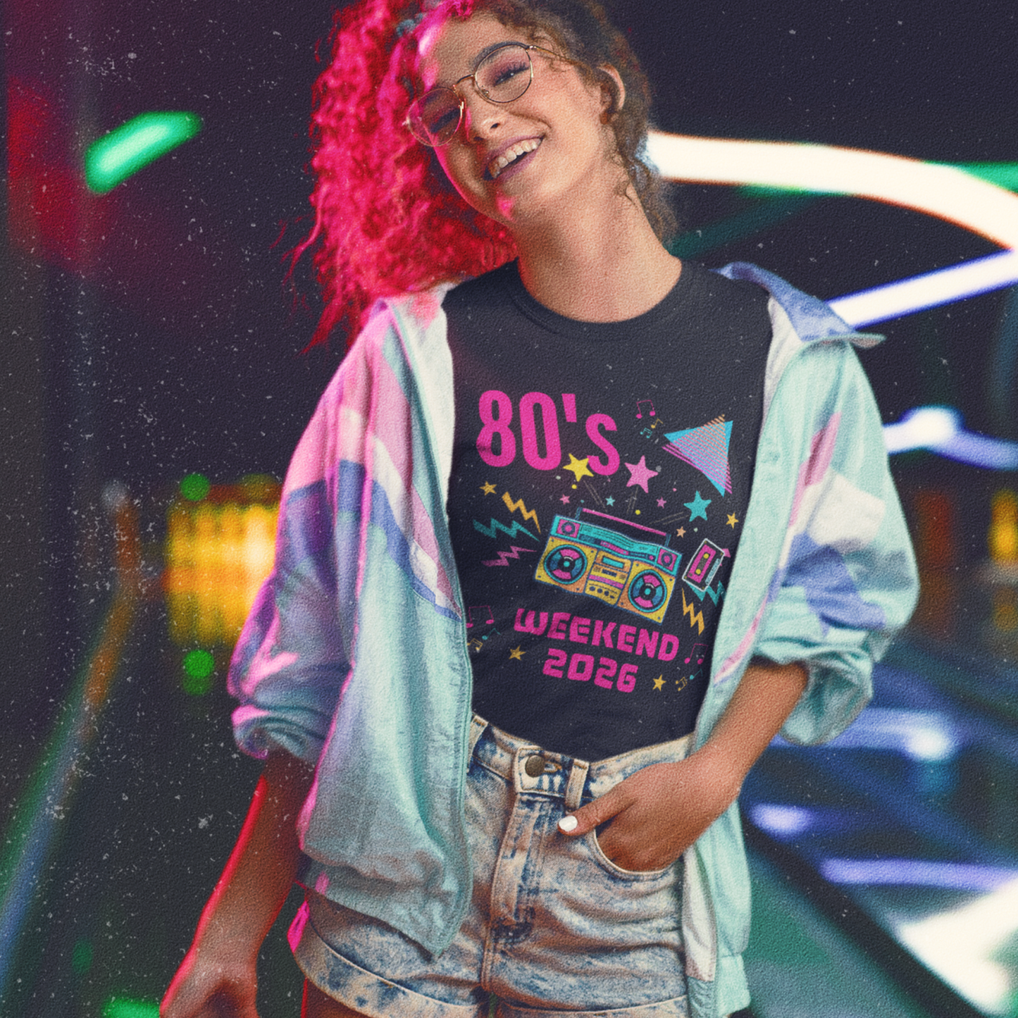 Woman wearing 80s Weekend 2026 neon graphic t-shirt, fun 1980s themed party outfit