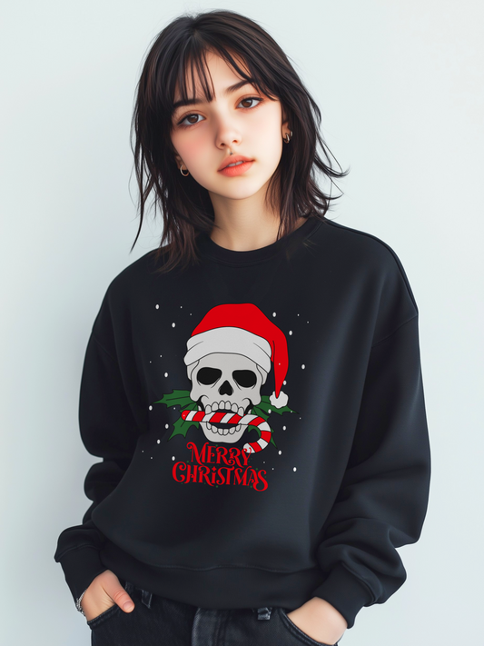 Young teen girl wearing a black Christmas sweatshirt featuring a festive skull with a Santa hat and candy cane, styled with a cool alternative rock or goth aesthetic.
